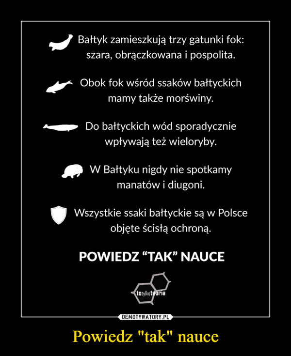 Powiedz "tak" nauce –  Bałtyk zamieszkują trzy gatunki fok: szara, obrączkowana i pospolita. Obok fok wśród ssaków bałtyckich mamy także morświny.  Do bałtyckich wód sporadycznie wpływają też wieloryby. W Bałtyku nigdy nie spotkamy manatów i diugoni. Wszystkie ssaki bałtyckie są w Polsce objęte ścisłą ochroną. POWIEDZ "TAK" NAUCE