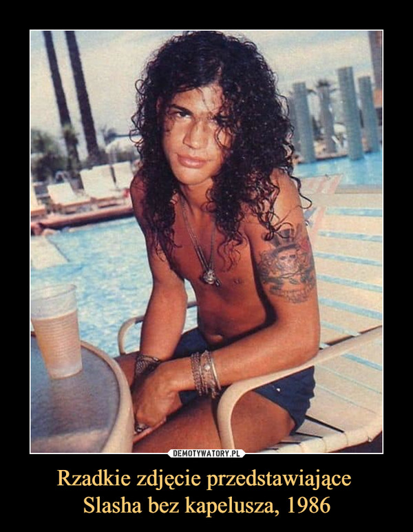 Rzadkie zdjęcie przedstawiające Slasha bez kapelusza, 1986 –  