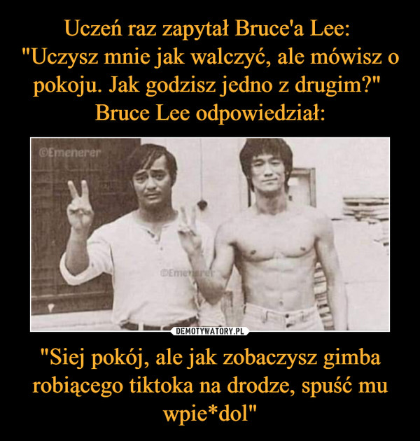 Uczeń raz zapytał Bruce'a Lee: 
"Uczysz mnie jak walczyć, ale mówisz o pokoju. Jak godzisz jedno z drugim?" 
Bruce Lee odpowiedział: "Siej pokój, ale jak zobaczysz gimba robiącego tiktoka na drodze, spuść mu wpie*dol"