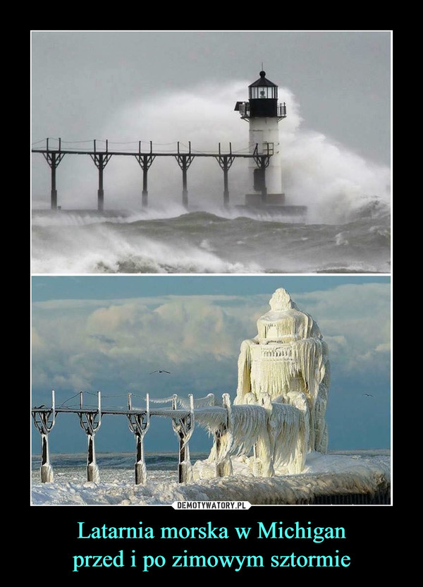 Latarnia morska w Michiganprzed i po zimowym sztormie –  