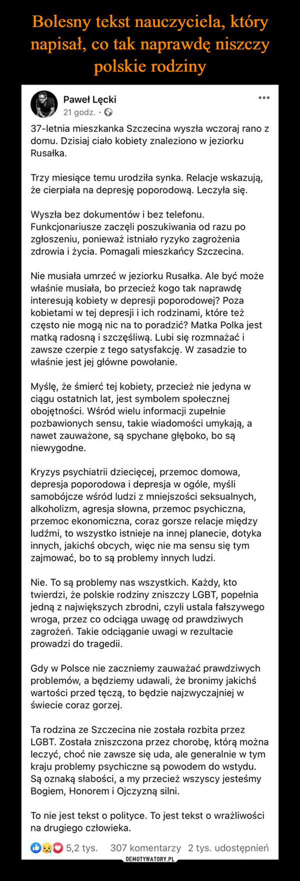 Bolesny tekst nauczyciela, który napisał, co tak naprawdę niszczy polskie rodziny