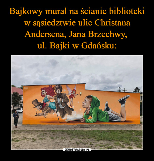 Bajkowy mural na ścianie biblioteki w sąsiedztwie ulic Christana Andersena, Jana Brzechwy, 
ul. Bajki w Gdańsku: