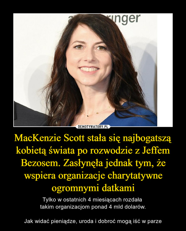 MacKenzie Scott stała się najbogatszą kobietą świata po rozwodzie z Jeffem Bezosem. Zasłynęła jednak tym, że wspiera organizacje charytatywne ogromnymi datkami
