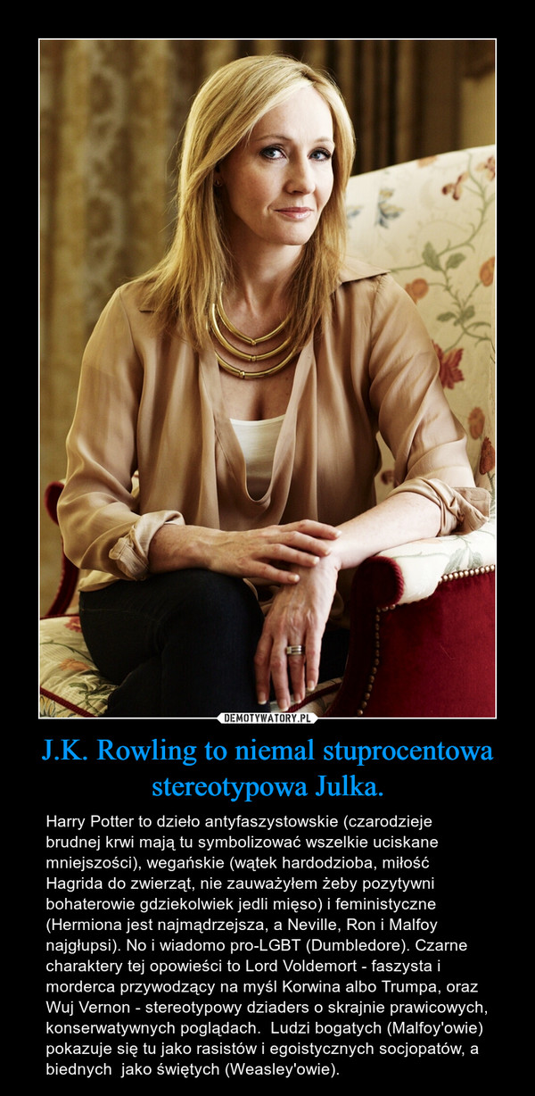 J.K. Rowling to niemal stuprocentowa stereotypowa Julka. – Harry Potter to dzieło antyfaszystowskie (czarodzieje brudnej krwi mają tu symbolizować wszelkie uciskane mniejszości), wegańskie (wątek hardodzioba, miłość Hagrida do zwierząt, nie zauważyłem żeby pozytywni bohaterowie gdziekolwiek jedli mięso) i feministyczne (Hermiona jest najmądrzejsza, a Neville, Ron i Malfoy najgłupsi). No i wiadomo pro-LGBT (Dumbledore). Czarne charaktery tej opowieści to Lord Voldemort - faszysta i morderca przywodzący na myśl Korwina albo Trumpa, oraz Wuj Vernon - stereotypowy dziaders o skrajnie prawicowych, konserwatywnych poglądach.  Ludzi bogatych (Malfoy'owie) pokazuje się tu jako rasistów i egoistycznych socjopatów, a biednych  jako świętych (Weasley'owie). 