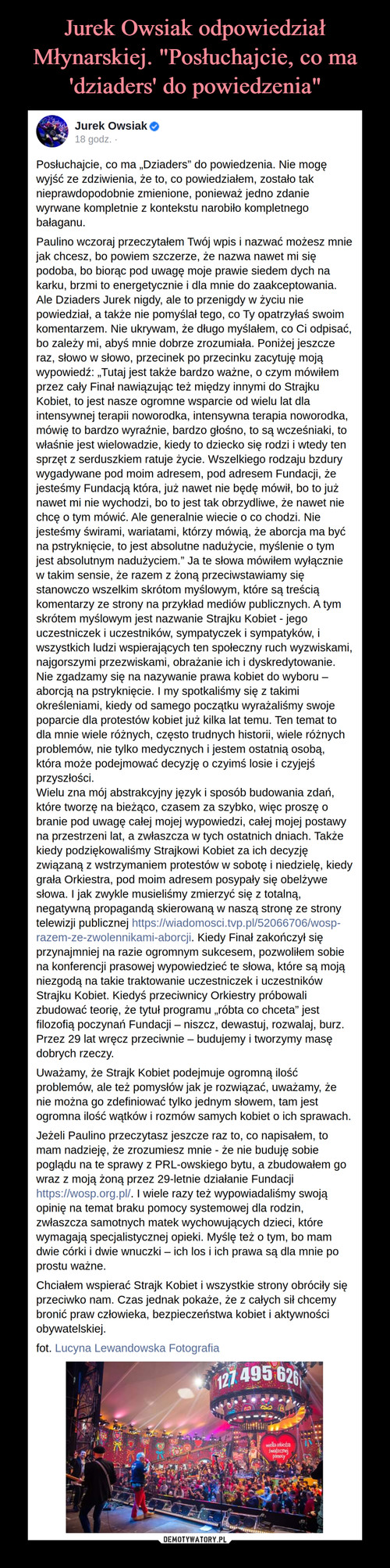 Jurek Owsiak odpowiedział Młynarskiej. "Posłuchajcie, co ma 'dziaders' do powiedzenia"