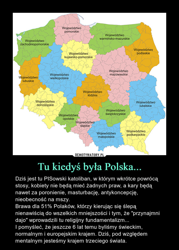 Tu kiedyś była Polska... – Dziś jest tu PISowski katoliban, w którym wkrótce powrócą stosy, kobiety nie będą mieć żadnych praw, a kary będą nawet za poronienie, masturbację, antykoncepcję, nieobecność na mszy. Brawa dla 51% Polaków, którzy kierując się ślepą nienawiścią do wszelkich mniejszości i tym, że "przynajmni dajo" wprowadzili tu religijny fundamentalizm... I pomyśleć, że jeszcze 6 lat temu byliśmy świeckim, normalnym i europejskim krajem. Dziś, pod względem mentalnym jesteśmy krajem trzeciego świata. 