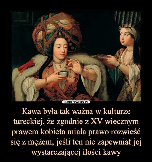 Kawa była tak ważna w kulturze tureckiej, że zgodnie z XV-wiecznym prawem kobieta miała prawo rozwieść się z mężem, jeśli ten nie zapewniał jej wystarczającej ilości kawy –  