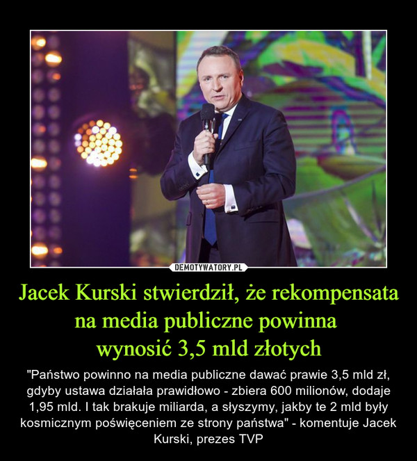 Jacek Kurski stwierdził, że rekompensata na media publiczne powinna 
wynosić 3,5 mld złotych