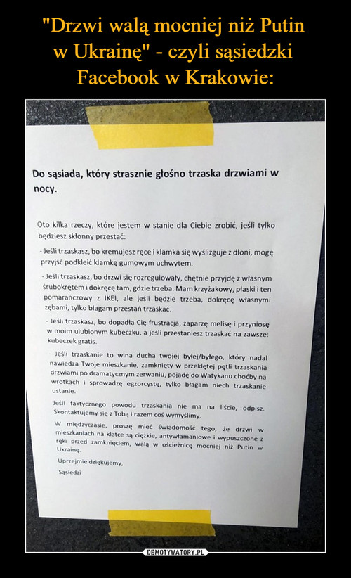 "Drzwi walą mocniej niż Putin 
w Ukrainę" - czyli sąsiedzki 
Facebook w Krakowie:
