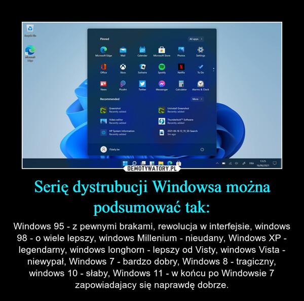 Serię dystrubucji Windowsa można podsumować tak: – Windows 95 - z pewnymi brakami, rewolucja w interfejsie, windows 98 - o wiele lepszy, windows Millenium - nieudany, Windows XP - legendarny, windows longhorn - lepszy od Visty, windows Vista - niewypał, Windows 7 - bardzo dobry, Windows 8 - tragiczny, windows 10 - słaby, Windows 11 - w końcu po Windowsie 7 zapowiadajacy się naprawdę dobrze. 
