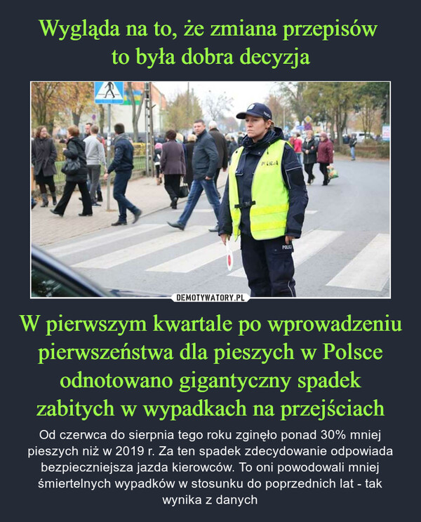 W pierwszym kwartale po wprowadzeniu pierwszeństwa dla pieszych w Polsce odnotowano gigantyczny spadek zabitych w wypadkach na przejściach – Od czerwca do sierpnia tego roku zginęło ponad 30% mniej pieszych niż w 2019 r. Za ten spadek zdecydowanie odpowiada bezpieczniejsza jazda kierowców. To oni powodowali mniej śmiertelnych wypadków w stosunku do poprzednich lat - tak wynika z danych 