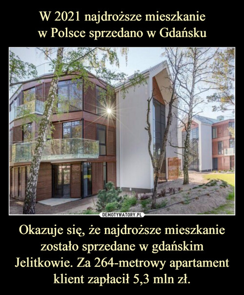 W 2021 najdroższe mieszkanie
w Polsce sprzedano w Gdańsku Okazuje się, że najdroższe mieszkanie zostało sprzedane w gdańskim Jelitkowie. Za 264-metrowy apartament klient zapłacił 5,3 mln zł.