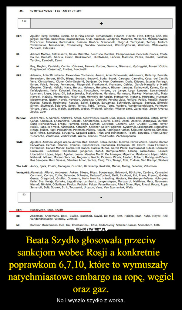 Beata Szydło głosowała przeciw sankcjom wobec Rosji a konkretnie   poprawkom 6,7,10, które to wymuszały   natychmiastowe embargo na ropę, węgiel oraz gaz. – No i wyszło szydło z worka. 