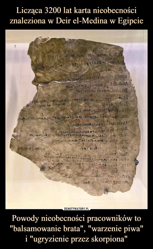 Licząca 3200 lat karta nieobecności znaleziona w Deir el-Medina w Egipcie Powody nieobecności pracowników to "balsamowanie brata", "warzenie piwa"
i "ugryzienie przez skorpiona"