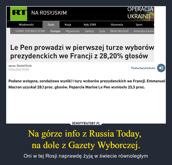Na górze info z Russia Today, na dole z Gazety Wyborczej. – Oni w tej Rosji naprawdę żyją w świecie równoległym Na rosyjskim operacja Ukrainie