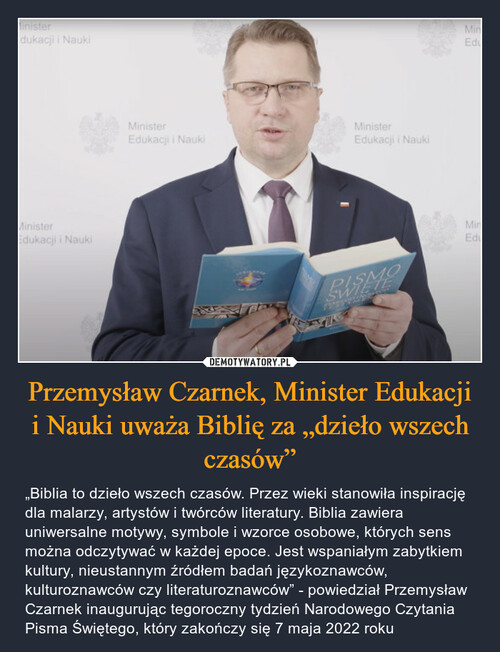Przemysław Czarnek, Minister Edukacji i Nauki uważa Biblię za „dzieło wszech czasów”