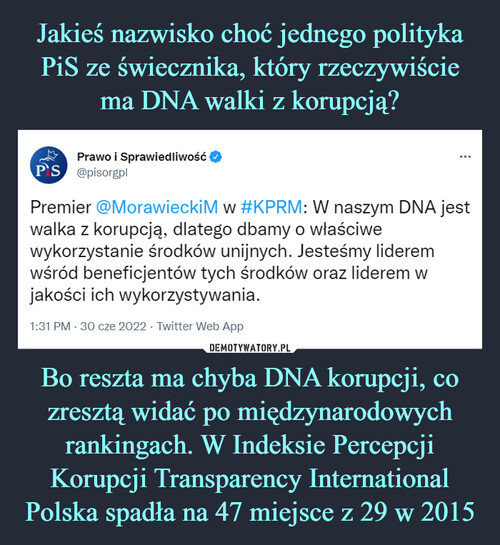 Jakieś nazwisko choć jednego polityka PiS ze świecznika, który rzeczywiście ma DNA walki z korupcją? Bo reszta ma chyba DNA korupcji, co zresztą widać po międzynarodowych rankingach. W Indeksie Percepcji Korupcji Transparency International Polska spadła na 47 miejsce z 29 w 2015