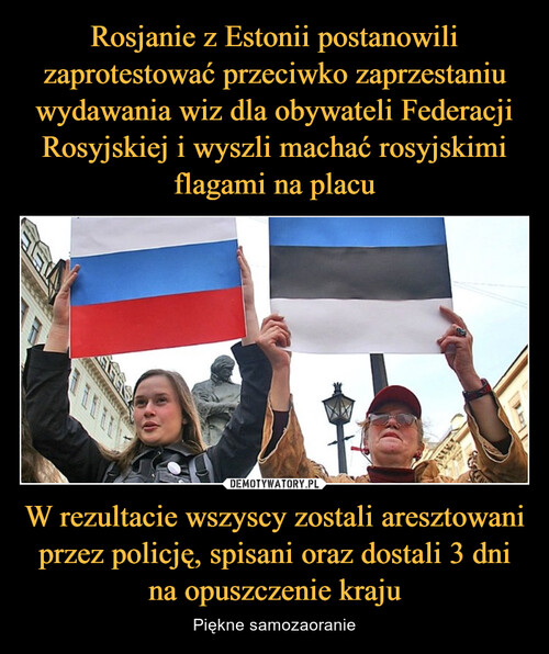 Rosjanie z Estonii postanowili zaprotestować przeciwko zaprzestaniu wydawania wiz dla obywateli Federacji Rosyjskiej i wyszli machać rosyjskimi flagami na placu W rezultacie wszyscy zostali aresztowani przez policję, spisani oraz dostali 3 dni na opuszczenie kraju