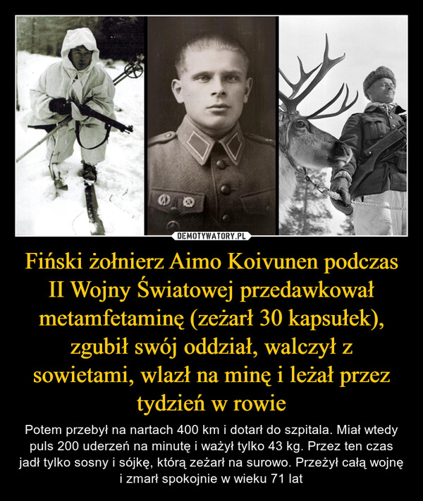 Fiński żołnierz Aimo Koivunen podczas II Wojny Światowej przedawkował metamfetaminę (zeżarł 30 kapsułek), zgubił swój oddział, walczył z sowietami, wlazł na minę i leżał przez tydzień w rowie