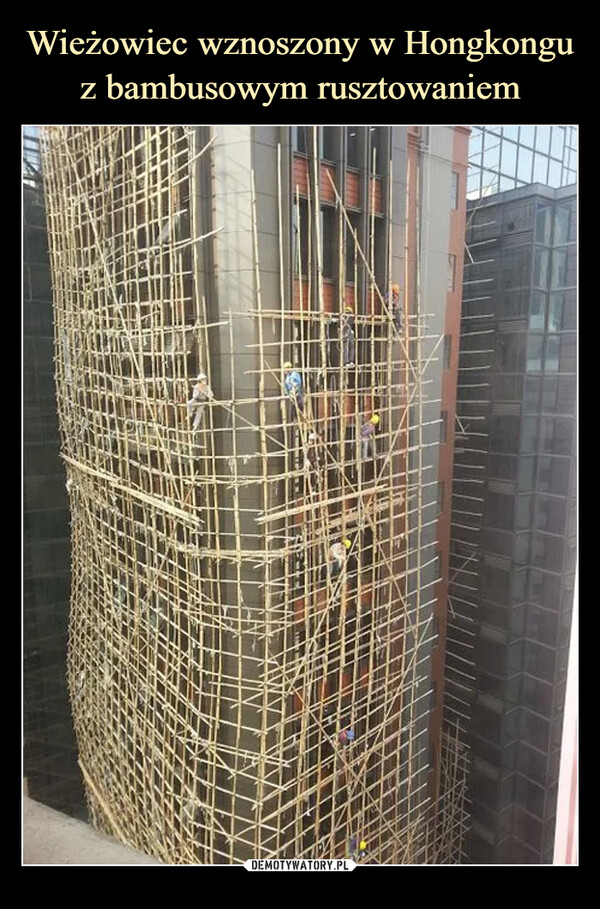 Wieżowiec wznoszony w Hongkongu z bambusowym rusztowaniem