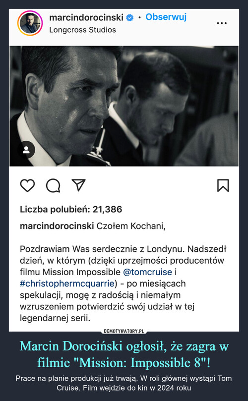 Marcin Dorociński ogłosił, że zagra w filmie "Mission: Impossible 8"!