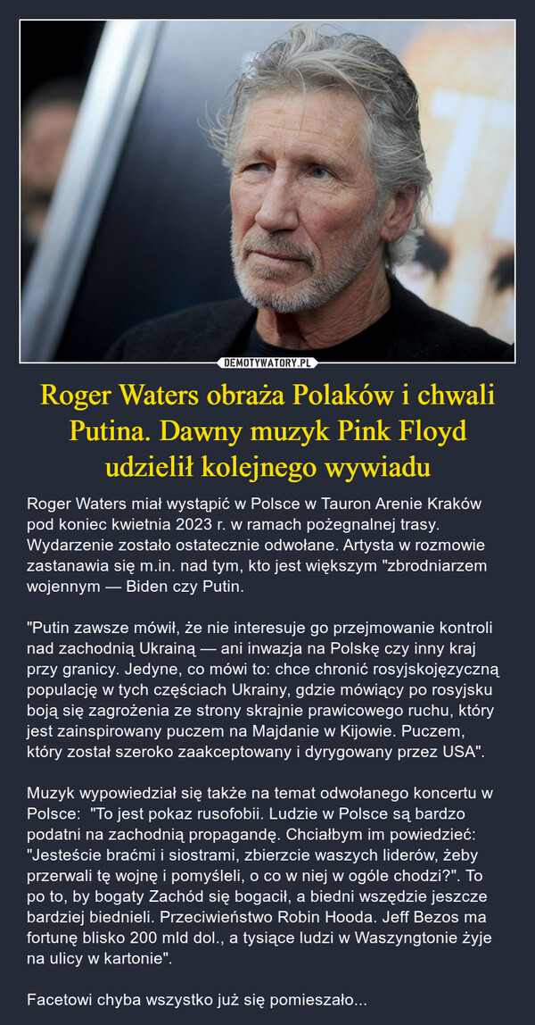 Roger Waters obraża Polaków i chwali Putina. Dawny muzyk Pink Floyd udzielił kolejnego wywiadu