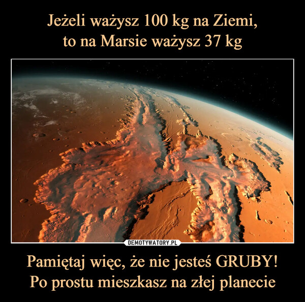 Jeżeli ważysz 100 kg na Ziemi,
to na Marsie ważysz 37 kg Pamiętaj więc, że nie jesteś GRUBY!
Po prostu mieszkasz na złej planecie