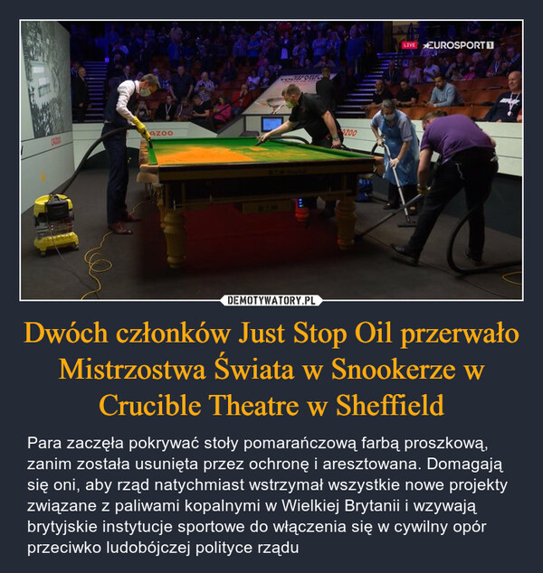 Dwóch członków Just Stop Oil przerwało Mistrzostwa Świata w Snookerze w Crucible Theatre w Sheffield