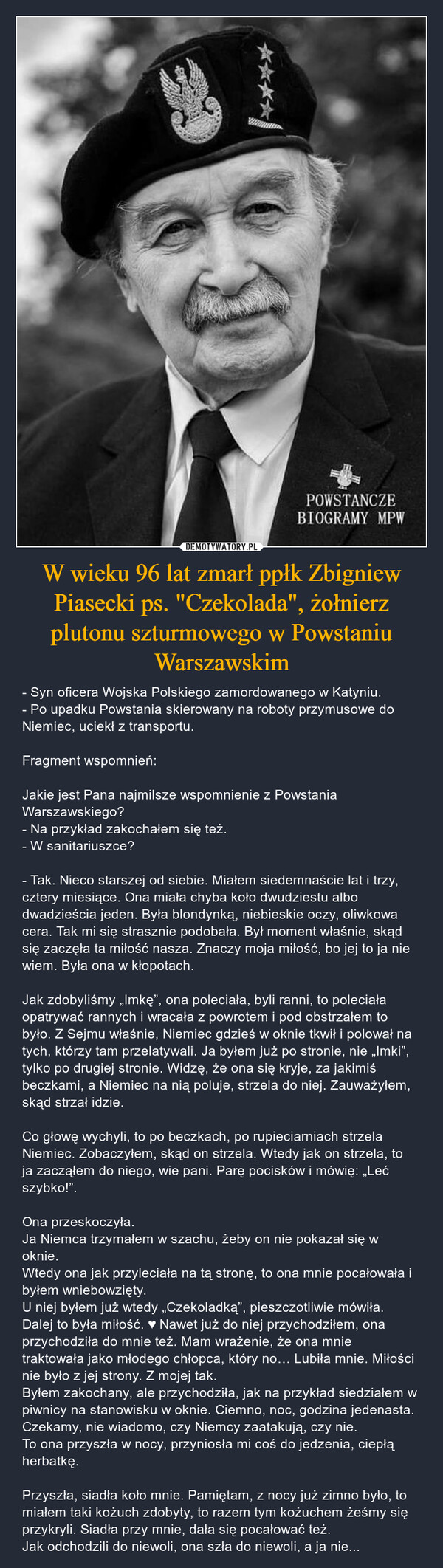 W wieku 96 lat zmarł ppłk Zbigniew Piasecki ps. "Czekolada", żołnierz plutonu szturmowego w Powstaniu Warszawskim