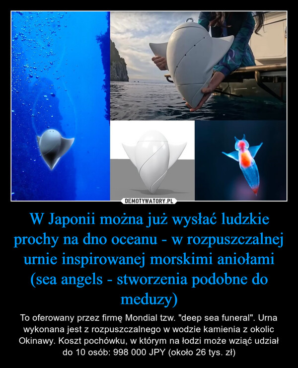 W Japonii można już wysłać ludzkie prochy na dno oceanu - w rozpuszczalnej urnie inspirowanej morskimi aniołami (sea angels - stworzenia podobne do meduzy) – To oferowany przez firmę Mondial tzw. "deep sea funeral". Urna wykonana jest z rozpuszczalnego w wodzie kamienia z okolic Okinawy. Koszt pochówku, w którym na łodzi może wziąć udział do 10 osób: 998 000 JPY (około 26 tys. zł) 
